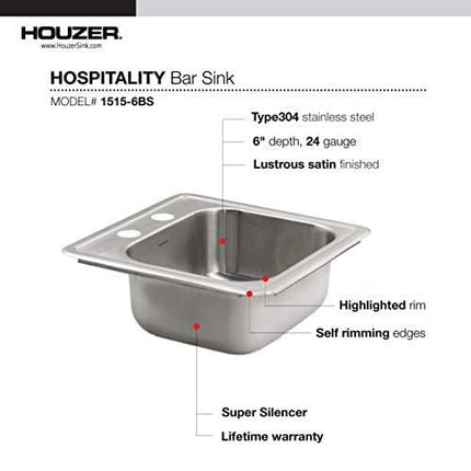 Houzer 1515-6BS-1 Hospitality Series Topmount Stainless Steel 2-Holes Bar/Prep Sink