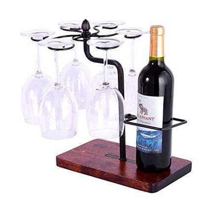 HOWDIA 6 - Hook Countertop Wine Glass Holder,Wooden Tabletop Stemware Rack freestanding,Drying Rack Glasses Cup Accessories for Home Decor & Kitchen (6 Wine Glasses and 1 Wine Bottle)