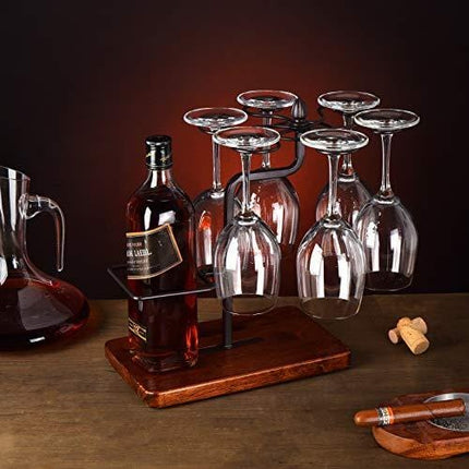 HOWDIA 6 - Hook Countertop Wine Glass Holder,Wooden Tabletop Stemware Rack freestanding,Drying Rack Glasses Cup Accessories for Home Decor & Kitchen (6 Wine Glasses and 1 Wine Bottle)