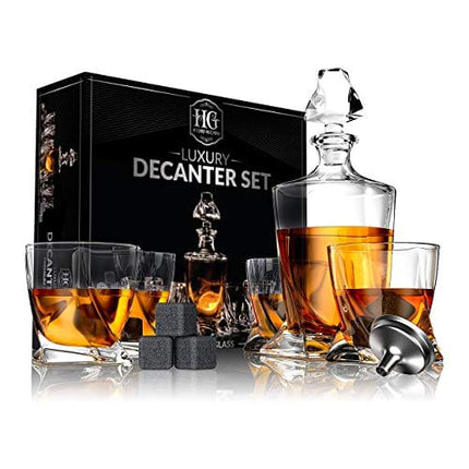 Twisted Whiskey Decanter Set for Men with 4 Glasses and 9 Cooling Whisky Stones, Funnel for Rum, Scotch, Bourbon, Liquor Crystal Clear Whiskey Decanter Sets Christmas Gifts for Men Dad Boyfriend Husband Him