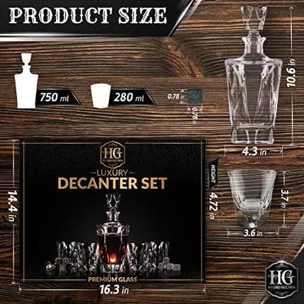 Fashion Glass Whiskey Decanter Set for Men with 4 Glasses and 9 Cooling Whisky Stones, Funnel for Rum, Scotch, Bourbon, Liquor Crystal Clear Whiskey Decanter Sets Christmas Gifts for Men Dad Boyfriend Husband Him