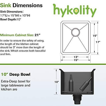 Hykolity 15 in. Undermount Stainless Steel Bar Sink, 16 Gauge Single Bowl Kitchen Prep Sink with Strainer & Bottom Grid, 15" x 17" x 10"