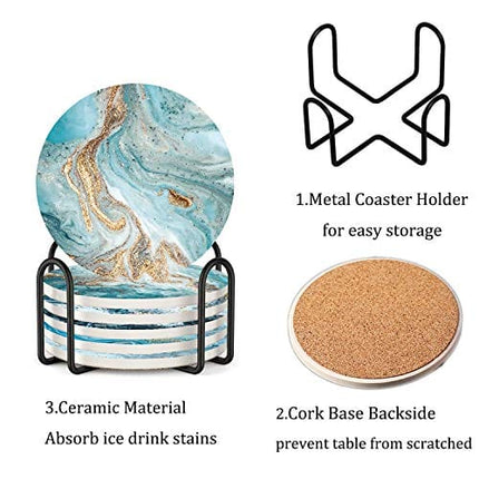 Coasters for Drinks with Holder Set of 6,Marble Blue Ocean Style Absorbent Ceramic Coasters with Cork Base,No Scratched and Soiled