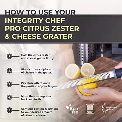 Integrity Chef PRO Citrus Zester and Cheese Grater - Premium Non-Slip Grip Handle, Dishwasher Safe Lemon Zester - Parmesan, Garlic, Nutmeg, Chocolate, Ginger Grater - Stainless Steel Grater (13.2")