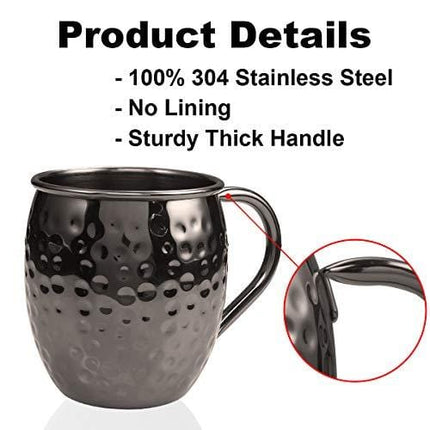 Moscow Mule Mugs Set of 4 - Food Safe 100% Handcrafted Mule Mugs Pure Solid Hammered Black Stainless Steel Mug - 16OZ Mule Mugs set of 4 w/ Black Straws Coasters Shot Glass Straw Brush Moscow Mule Kit