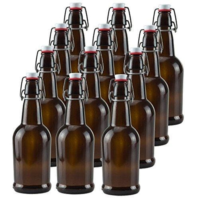 16 oz Amber Glass Beer Bottles for Home Brewing 12 Pack with Flip Caps