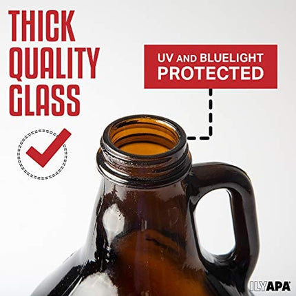 Ilyapa Amber Glass Growlers for Beer, 2 Pack - 64 oz Half Gallon Jug Set with Lids - Great for Home Brewing, Kombucha, Cider & More