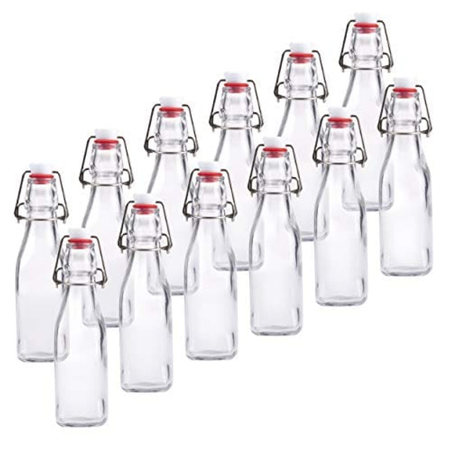Ilyapa 8 Ounce Clear Swing Top Glass Beer Bottles for Home Brewing - Carbonated Drinks, Kombucha, Kefir, Soda, Juice, Fermentation, 12 Pack Glass Bottle with Airtight Rubber Seal Flip Caps