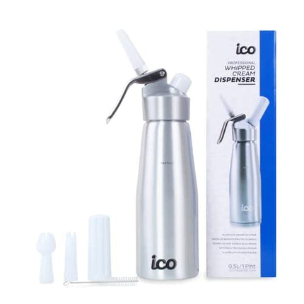 ICO Professional Whipped Cream Dispenser for Delicious Homemade Whipped Creams, Sauces, Desserts, and Infused Liquors - uses 8g N2O cartridges (1 Pint, Silver)