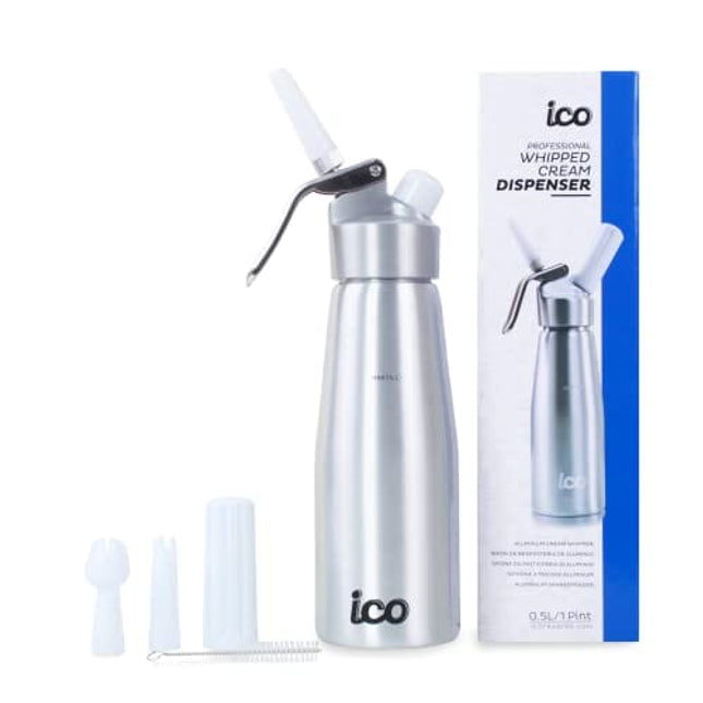 ICO Professional Whipped Cream Dispenser for Delicious Homemade Whipped Creams, Sauces, Desserts, and Infused Liquors - uses 8g N2O cartridges (1 Pint, Silver)