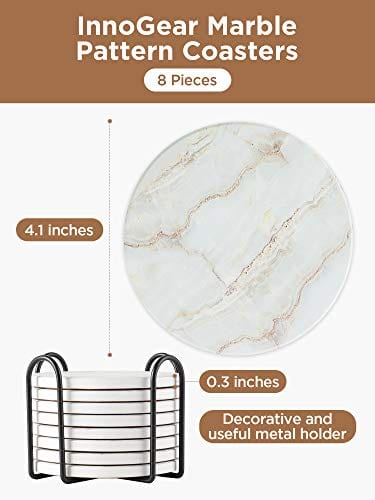Coaster Sets of 6 Pieces Absorbent Ceramic Stone Marble Pattern Coasters  with Cork Base White Coasters