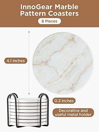 InnoGear Coasters for Drinks, 8 Pieces with Holder Absorbent Ceramic Stone Marble Pattern Reusable Coaster with Cork Base for Drinks, Gift Set for Birthday Housewarming Apartment Kitchen Bar Décor
