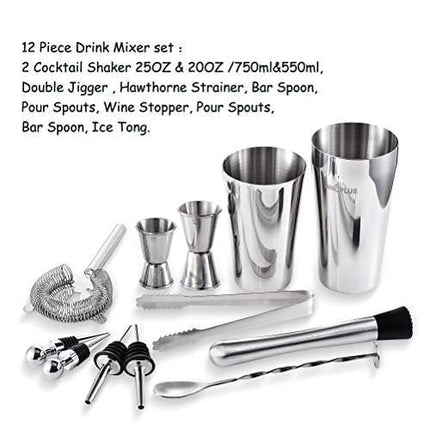 Cocktail Shaker, Martini Shaker, Drink Shaker, Cocktail Shaker Set 12 Piece, Boston Shaker Bar Set, Cocktail Strainer, Bar tools, Bartender Kit Gifts, Stainless Steel Double Measuring Jigger, Spoon