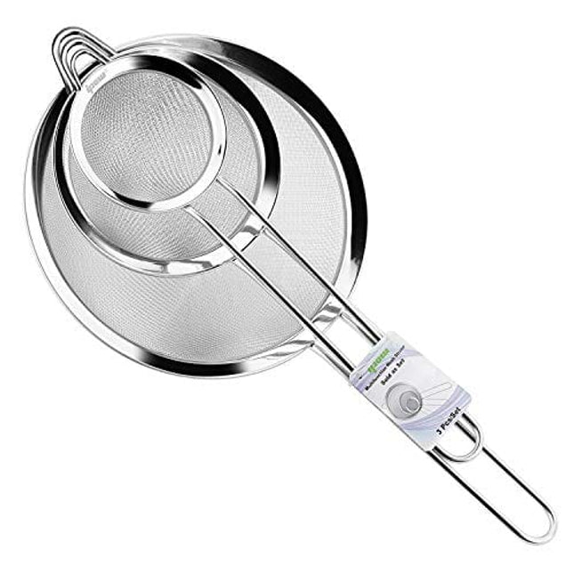 IPOW Set of 3 Stainless Steel Fine Mesh Strainer, Colander Sieve Sifters with Long Handle for Kitchen Food, Small Medium Large Size for Tea Coffee Powder Fry Juice Rice Vegetable Fruit Etc.