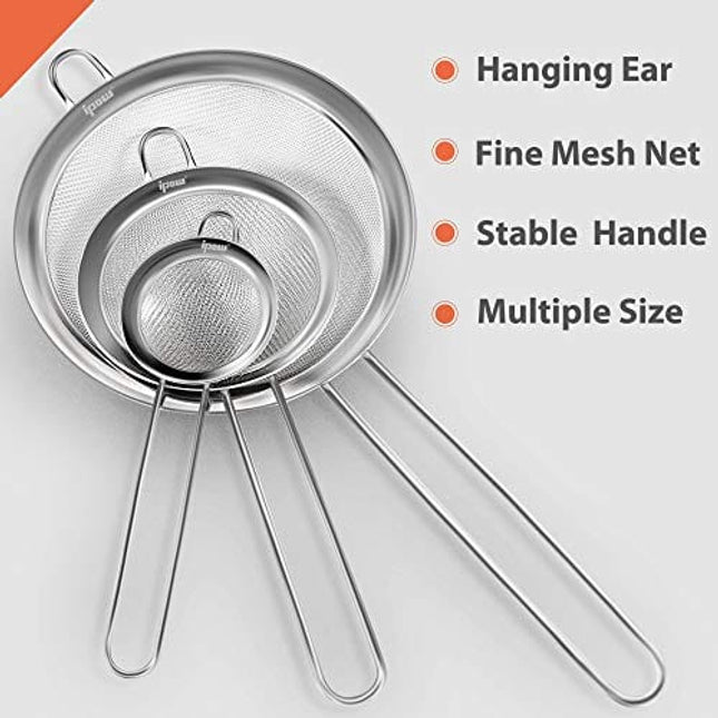 IPOW Set of 3 Stainless Steel Fine Mesh Strainer, Colander Sieve Sifters with Long Handle for Kitchen Food, Small Medium Large Size for Tea Coffee Powder Fry Juice Rice Vegetable Fruit Etc.