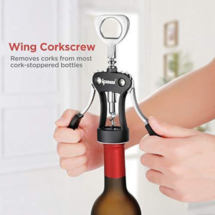 IPOW Wing Corkscrew, Multifunctional Wine Beer Bottle Opener, Wine Corkscrew for all Cork Stoppered and Beer Cap Bottles. Used in Kitchen Chateau Restaurant Bars for Wine Enthusiast and Waiters, Black
