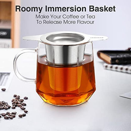 IPOW Reusable Stainless Steel Coffee Filter, Paperless Coffee Maker Strainer, Double Fine Mesh Basket for Loose Tea& Ground Coffee, Coaster Lid, Long Handle for Cup, Mug &Teapot