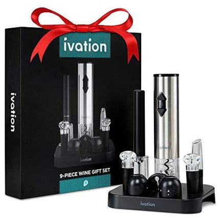 Ivation 9-Piece Wine Opener Gift Set | Deluxe Bar Kit with Electric Battery-Operated Bottle Opener, Air Pump Cork Extractor, Aerator Pourer, Wine Stoppers, Champagne Stoppers, Foil Cutter & Stand