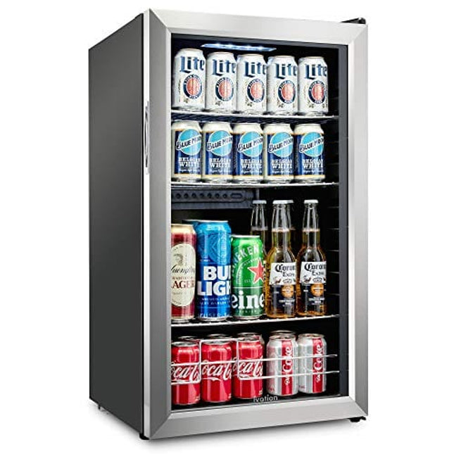 Ivation 126 Can Beverage Refrigerator | Freestanding Ultra Cool Mini Drink Fridge | Beer, Cocktails, Soda, Juice Cooler for Home & Office | Reversible Glass Door & Adjustable Shelving, Stainless Steel