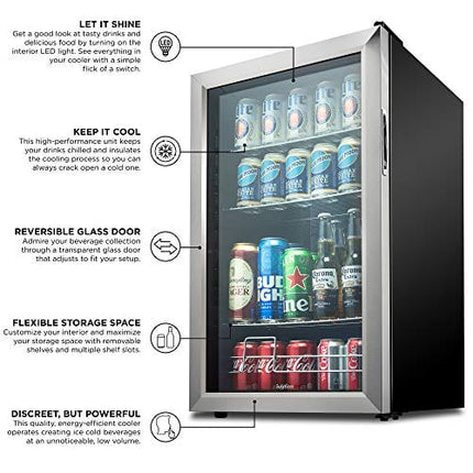Ivation 126 Can Beverage Refrigerator | Freestanding Ultra Cool Mini Drink Fridge | Beer, Cocktails, Soda, Juice Cooler for Home & Office | Reversible Glass Door & Adjustable Shelving, Stainless Steel