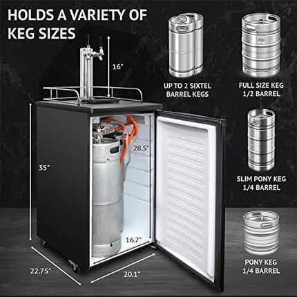 Ivation Full Size Kegerator | Dual Tap Draft Beer Dispenser & Universal Beverage Cooler | CO2 Cylinder, Temperature Control, Drip Tray & Rail, Fits 1/2, 1/4 Pony Keg, (2) 1/6 Kegs (Stainless Steel)