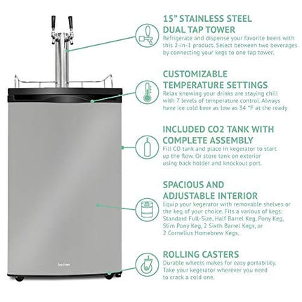 Ivation Full Size Kegerator | Dual Tap Draft Beer Dispenser & Universal Beverage Cooler | CO2 Cylinder, Temperature Control, Drip Tray & Rail, Fits 1/2, 1/4 Pony Keg, (2) 1/6 Kegs (Stainless Steel)