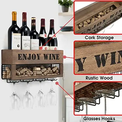 J JACKCUBE DESIGN Wine Rack Wall Mounted Wine Decor, 5 Wine Bottle Storage Shelf with 4 Stemware Wine Glass Holder Organizer, Cork Storage Display for Kitchen, Home Bar - MK450A