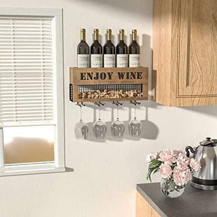 J JACKCUBE DESIGN Wine Rack Wall Mounted Wine Decor, 5 Wine Bottle Storage Shelf with 4 Stemware Wine Glass Holder Organizer, Cork Storage Display for Kitchen, Home Bar - MK450A