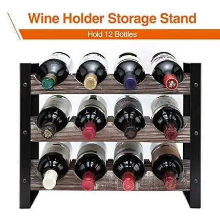 J JACKCUBE DESIGN Rustic Wine Rack Freestanding Floor 3 Tier Stackable Display Storage for Counter-top 12 Glass Bottles Holder Liquor Shelf with Black Metal Frame - MK521A(Rustic Wood)