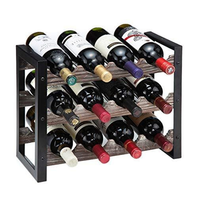 J JACKCUBE DESIGN Rustic Wine Rack Freestanding Floor 3 Tier Stackable Display Storage for Counter-top 12 Glass Bottles Holder Liquor Shelf with Black Metal Frame - MK521A(Rustic Wood)
