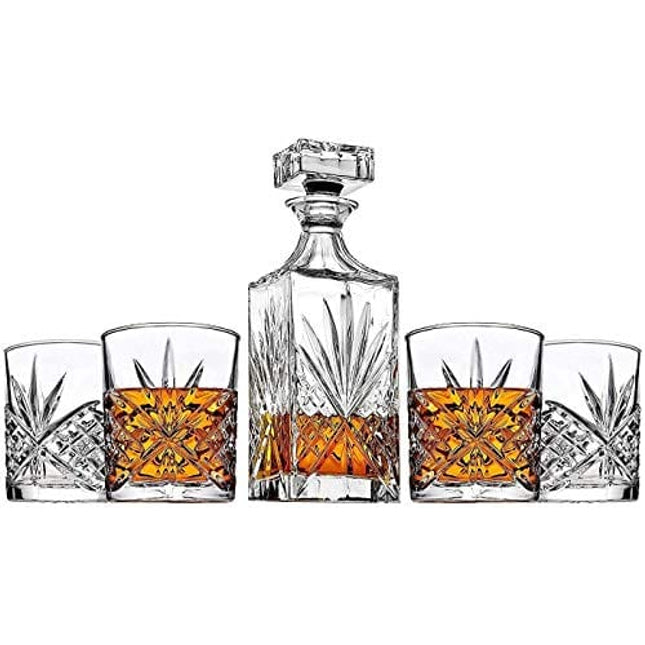 James Scott Liquor Decanter 5-Piece Irish-Cut Crystal Decanter & Whiskey Glasses Set - for Whiskey, Wine and Bourbon - Includes 24 oz. Decanter with Stopper and 4 x 11 oz. Glasses | Beautiful Gift Box