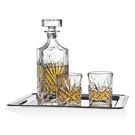 James Scott Liquor Decanter 5-Piece Irish-Cut Crystal Decanter & Whiskey Glasses Set - for Whiskey, Wine and Bourbon - Includes 24 oz. Decanter with Stopper and 4 x 11 oz. Glasses | Beautiful Gift Box