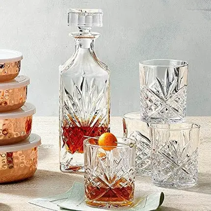James Scott Liquor Decanter 5-Piece Irish-Cut Crystal Decanter & Whiskey Glasses Set - for Whiskey, Wine and Bourbon - Includes 24 oz. Decanter with Stopper and 4 x 11 oz. Glasses | Beautiful Gift Box