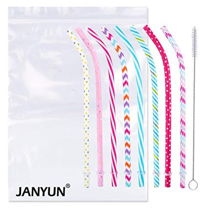 30 Pieces Reusable Plastic Straws BPA-Free 9" Colorful Printing Hard Platic Stripe Drinking Straw for Mason Jar Tumbler Family or Party Use Cleaning Brush Included(Random Pattern) (Bent)
