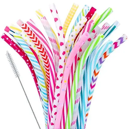 30 Pieces Reusable Plastic Straws BPA-Free 9" Colorful Printing Hard Platic Stripe Drinking Straw for Mason Jar Tumbler Family or Party Use Cleaning Brush Included(Random Pattern) (Bent)