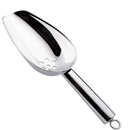 JBscoop Ice Scoop with Holes. Stainless Steel Ice Scoop with Drain Holes to Reduce Unwanted Dilution. Heavy Duty and Dishwasher Safe. Six Ounce Capacity.