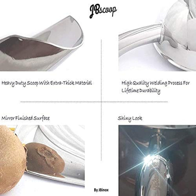 JBscoop Ice Scoop with Holes. Stainless Steel Ice Scoop with Drain Holes to Reduce Unwanted Dilution. Heavy Duty and Dishwasher Safe. Six Ounce Capacity.