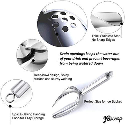 JBscoop Ice Scoop with Holes. Stainless Steel Ice Scoop with Drain Holes to Reduce Unwanted Dilution. Heavy Duty and Dishwasher Safe. Six Ounce Capacity.