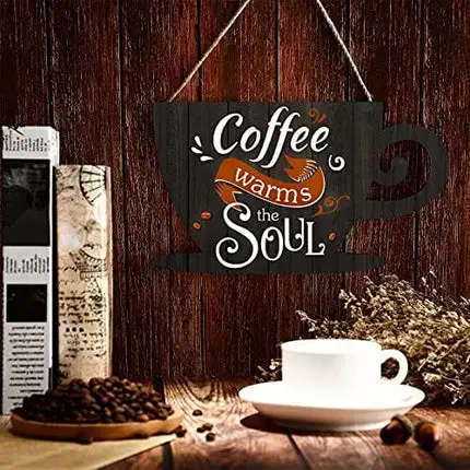 Jetec Coffee Bar Door Sign Wooden Coffee Wall Hanging Sign Rustic Farmhouse Coffee Cup Plaque Coffee Warms The Soul for Home Restaurants Decoration 11.8 x 6.8 inches