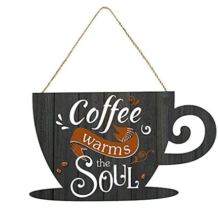 Jetec Coffee Bar Door Sign Wooden Coffee Wall Hanging Sign Rustic Farmhouse Coffee Cup Plaque Coffee Warms The Soul for Home Restaurants Decoration 11.8 x 6.8 inches