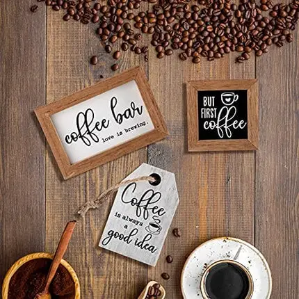 3 Pieces Mini Coffee Bar Sign Farmhouse Coffee Wooden Sign But First Coffee Wood Sign Love is Brewing Framed Sign Rustic Wood Coffee Table Sign Vintage Kitchen Coffee Wood Plaque for Tier Tray Decor