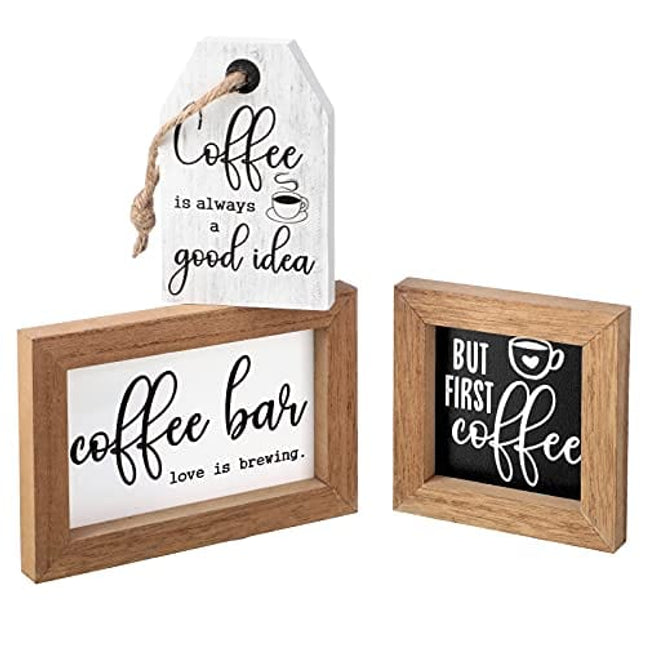 3 Pieces Mini Coffee Bar Sign Farmhouse Coffee Wooden Sign But First Coffee Wood Sign Love is Brewing Framed Sign Rustic Wood Coffee Table Sign Vintage Kitchen Coffee Wood Plaque for Tier Tray Decor