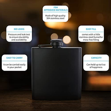10 pcs Hip Flask for Liquor Matte Black 6oz Stainless Steel Leakproof with 10 pcs Funnel for Camping, Wedding Party