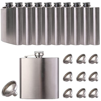 10 pcs Hip Flask for Liquor Matte Silver 6 Oz Stainless Steel Leakproof with 10 pcs Funnel for Camping, Wedding Party
