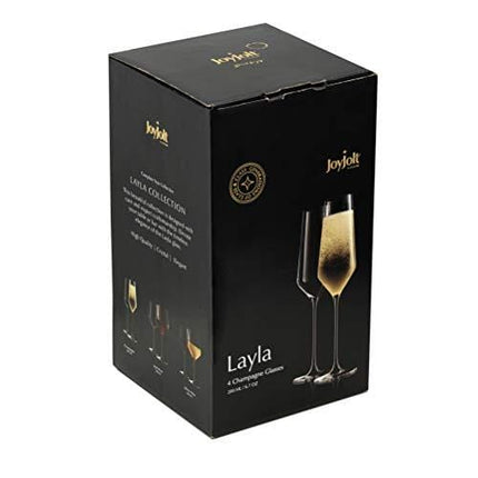 JoyJolt Champagne Flutes – Layla Collection Crystal Champagne Glasses Set of 4 – 6.7 Ounce Capacity – Ideal for Home Bar, Special Occasions