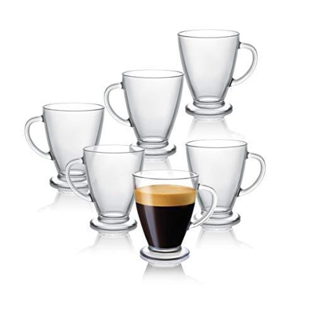 JoyJolt Declan Coffee Mug. Glass Coffee Mugs Set of 6. Clear Glass Coffee Cups 16 Oz with Handles for Hot Beverages - Cappuccino, Latte, Big Tea Cup. Crystal Clear Glass Cups, Espresso Coffee Gifts