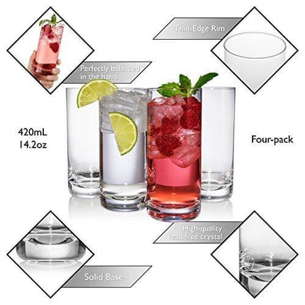 JoyJolt Stella Lead Free Crystal Highball Glasses Barware Collins Tumbler for Water, Juice, Beer, and Cocktail (Set of 4)-14.2-Ounces