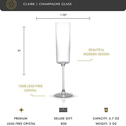 JoyJolt Champagne Flutes – Claire Collection Crystal Champagne Glasses Set of 2 – 5.7 Ounce Capacity – Exquisite Craftsmanship – Ideal for Home Bar, Special Occasions – Made in Europe