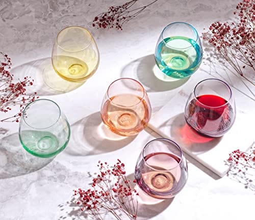 Colored Stemless Wine Glass Set of 6, Vibrant Splash Wine Glasses