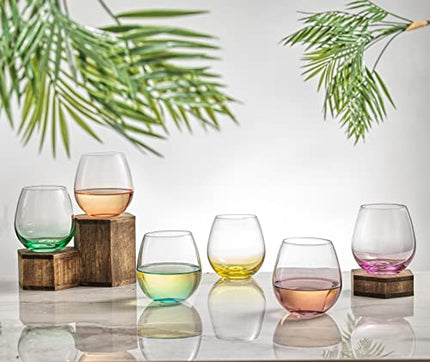JoyJolt HUE Stemless Wine Glass Set. Large 15 oz Stemless Wine Glasses Set of 6. Short Wine Tumblers for White Wine Glasses, Red Wine Glasses, Water Glasses, No Stem Margarita Glasses, Colored Tumbler